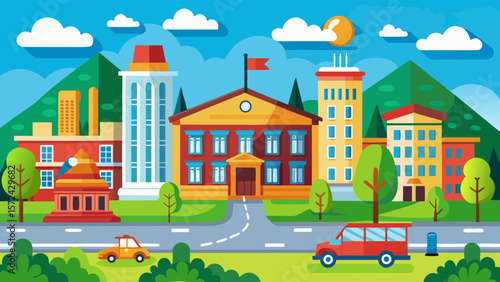 Vector art of an illustration showing a school building in a city setting, with cars and a bus on the road, surrounded by trees and a park under a bright sunny sky