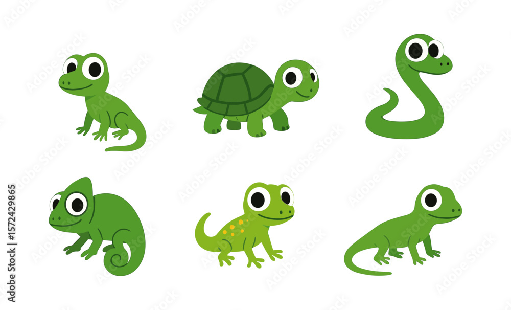 Fototapeta premium Cute and colorful cartoon reptiles: crocodile, iguana, chameleon, turtle, snake, gecko art