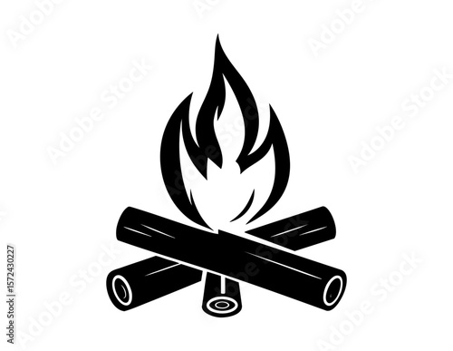 Black and white campfire graphic suitable for outdoorthemed designs, camping brochures, adventurethemed websites, hiking posters, campfire safety handouts.