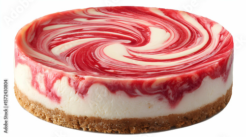 Whole cheesecake with vibrant raspberry swirl pattern on top and a crumbly cookie crust, isolated on white background for a colorful and elegant dessert display.