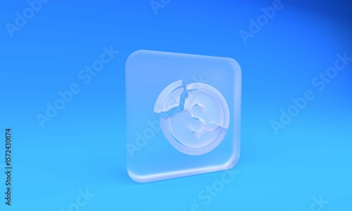 Frosted glass Dollar rate decrease icon isolated on blue background. Cost reduction. Money symbol with down arrow. Business lost crisis decrease. Square frosted glass button. 3D render illustration