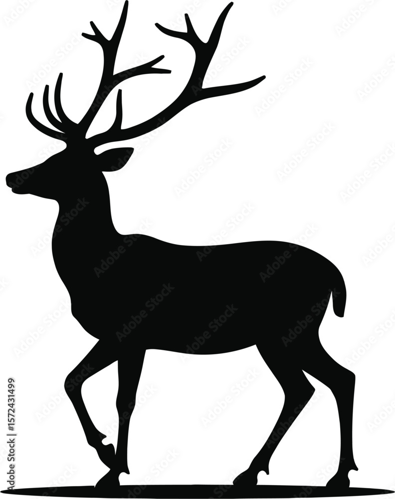 Obraz premium Vector art of silhouette of a stag walking with antlers, isolated on white background
