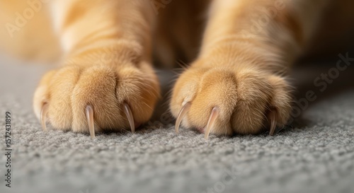 A closeup of a ginger tabby cats paws reveals sharp claws and soft fur, showcasing the details of its anatomy
