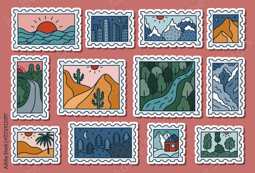 Lovely sticker set with vintage postage stamp doodle for planners, notebooks. Ready for print list of hand drawn mail stickers with with picture of seascape, forest, path, desert at midnight, river.