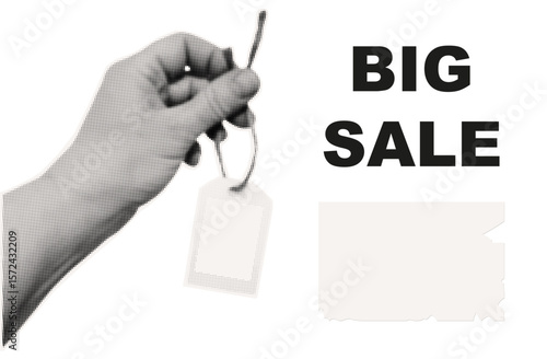 Big sales advertising. A woman's hand holds a price tag. You can write your own discount price. Coupon, store badge with a new loyalty program, bonus announcement. Contemporary art, halftone vector.