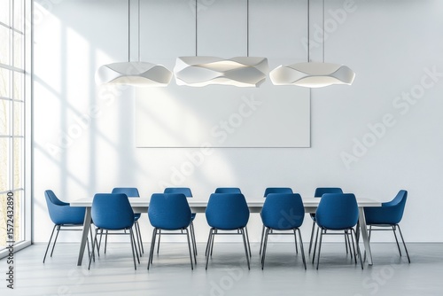 A large room with a wooden kitchen and dining area. Minimalist interior with blank wall and modern kitchen design with dining table and blue chairs.