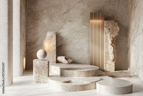 A minimalist room with a white wall and a few pieces of furniture. Minimalist podium display with geometric shapes in neutral tones.