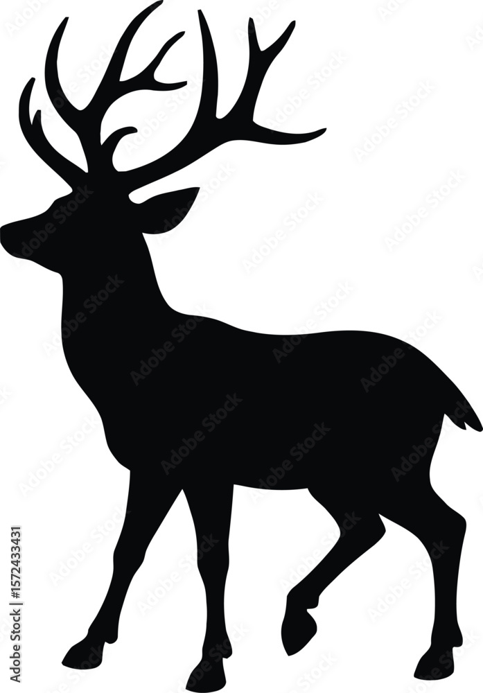 Fototapeta premium Vector art of silhouette of a standing deer with antlers isolated on white background