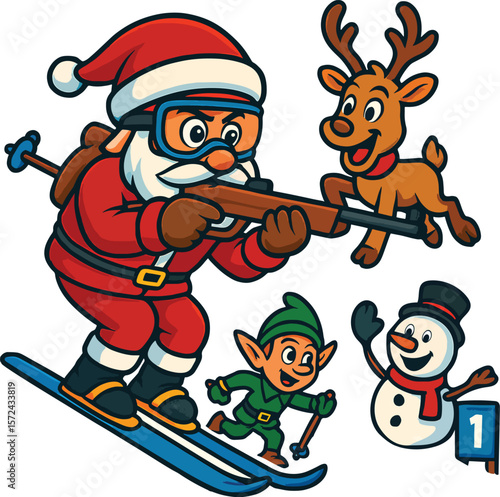 Santa Claus Participating in a Biathlon with Santa's Cheerful Squad