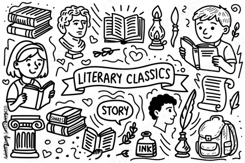 Literary classics doodle illustration with kids reading books, classical busts, ink and scroll, perfect for school education and literature-themed vector design
