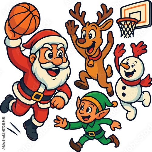 Santa Claus Playing Basketball With His Festive Squad