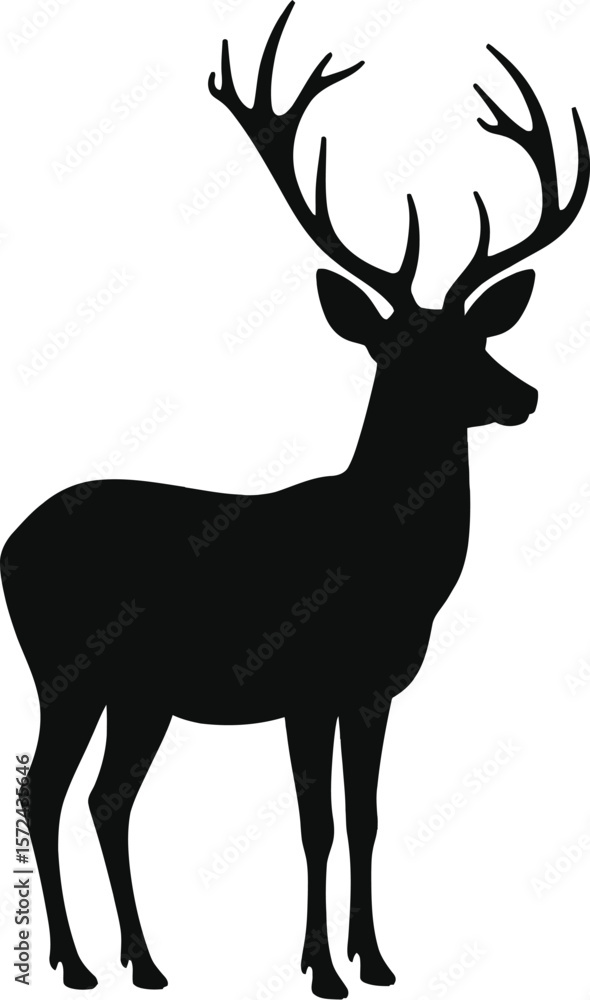 Fototapeta premium Vector art of silhouette of a majestic stag with large antlers isolated on white background