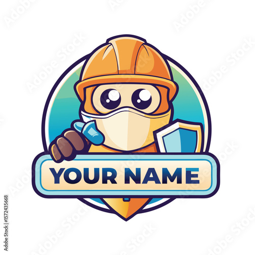 Cute construction worker mascot holding a nameplate