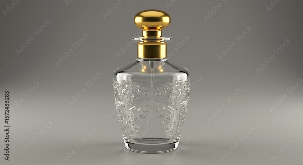Ornate Clear Glass Bottle with Golden Cap on Neutral Background Ornate Clear Glass Bottle with Golden Cap on Neutral Background