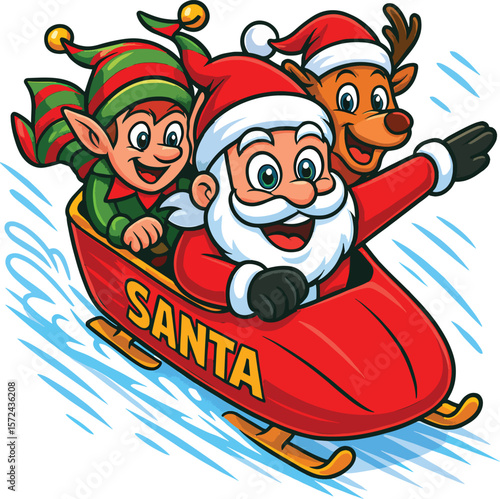 Santa Claus racing down a snowy track in a bobsleigh
