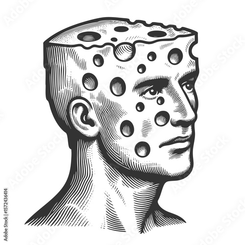Cheese Head sketch engraving generative ai fictional character vector illustration. Scratch board imitation. Black and white image.
