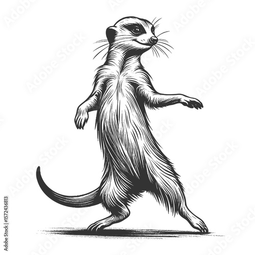 Dancing Meerkat sketch engraving generative ai fictional character vector illustration. Scratch board imitation. Black and white image.