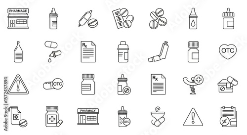 Medicine, Pharmacy, and Healthcare Line Icon Set