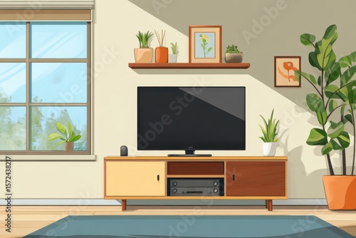A modern living room with a large flat screen TV and a wooden coffee table. Modern home living room interior with tv screen shelf with decor and window.