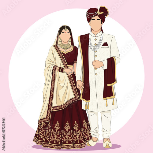 Royal Indian Wedding Couple Illustration Bride and Groom in Maroon and Ivory Traditional Outfits