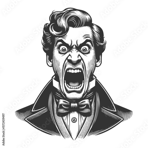 formally dressed man with a furious expression, mouth wide open in a loud scream or shout sketch engraving generative ai fictional character vector illustration. Scratch board. Black and white image.