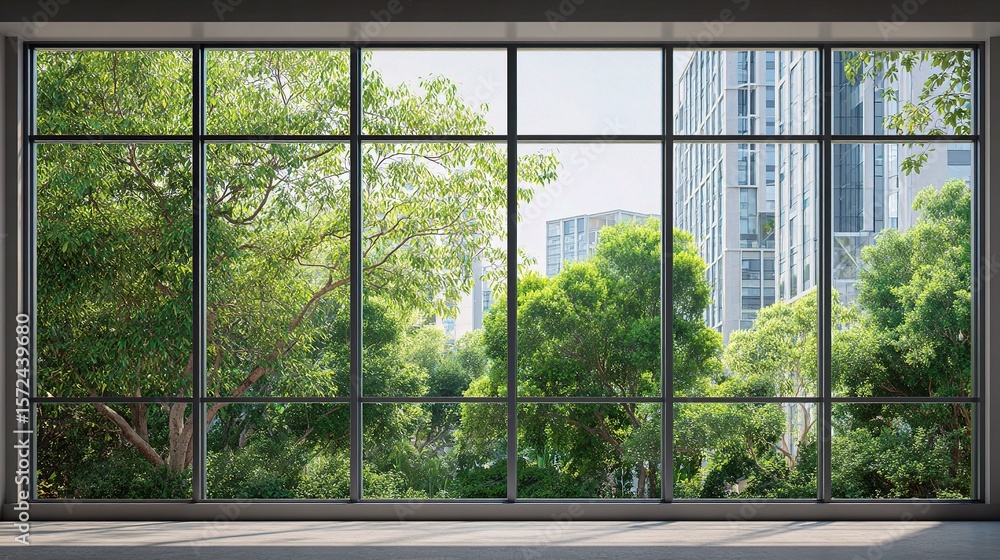 Naklejka premium Modern Window Frame Overlooking Lush Green Trees and Urban Landscape