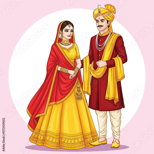 Royal Indian Wedding Couple Illustration Bride in Yellow Lehenga and Groom in Maroon Sherwani