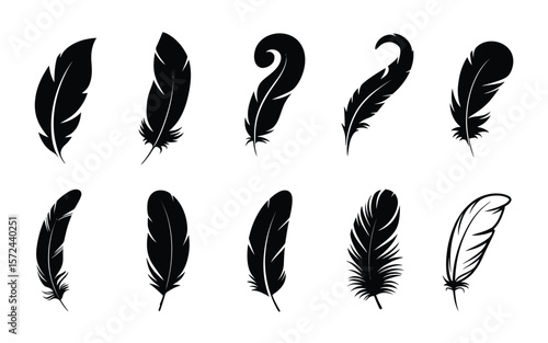 A set of eight black feather silhouettes