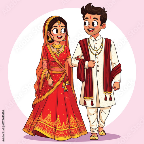 Cute Indian Wedding Couple Cartoon Illustration Bride in Red Lehenga and Groom in Sherwani Holding