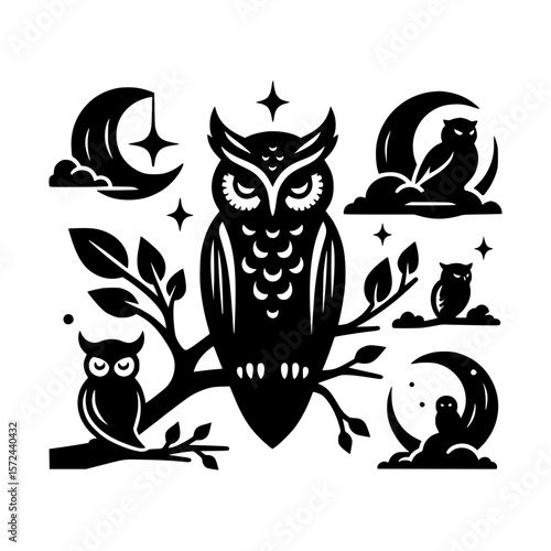 Stylized black and white owl and moon illustrations for a nocturnal theme