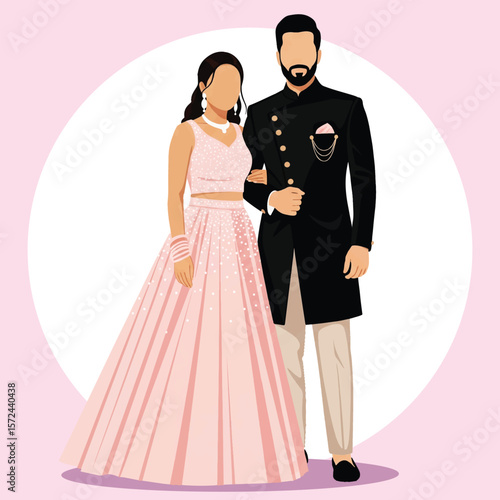 Modern Indian Wedding Couple Illustration Bride in Pink Gown and Groom in Black IndoWestern Suit
