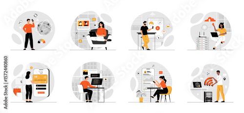 Bundle of Wireless Technology concepts with people scene in flat cartoon design. Collection work with men and women. People make wireless connection and communication. Vector illustration