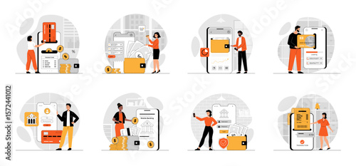 Bundle of Mobile Banking concepts with people scene in flat cartoon design. Collection work with men and women. People . Vector illustration