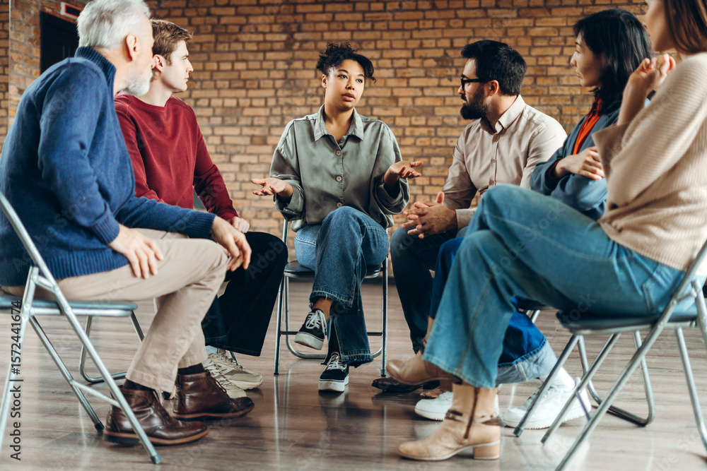 Fototapeta premium Group of diverse patients discussing problems during group therapy session