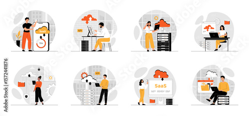 Bundle of SaaS concepts with people scene in flat cartoon design. Software as a service. Collection work with men and women. People programming and data analysis with saas technologies. Vector 
