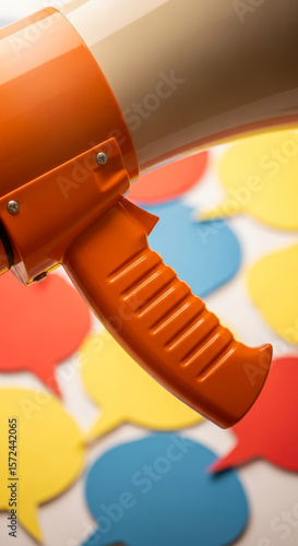 Wallpaper Mural Orange megaphone handle detail against blurred colorful speech bubbles, symbolizing communication, announcement, and public address Torontodigital.ca