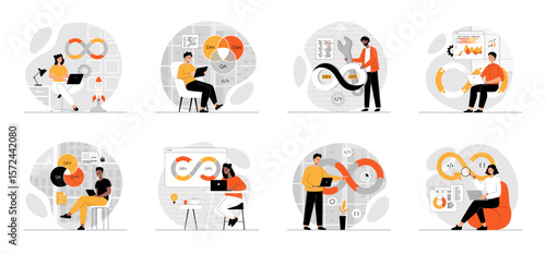 Bundle of DevOps concepts with people scene in flat cartoon design. Collection work with men and women. People working on software development, operations process, automation process. Vector