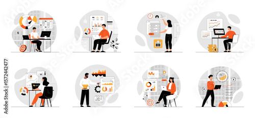 Bundle of Digital Business concepts with people scene in flat cartoon design. Collection work with men and women. Business people management, planning, strategy development online. Vector illustration