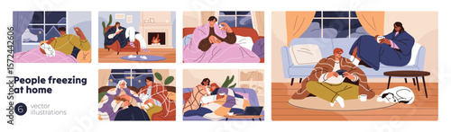 People freezing at home set. Frozen men and women warm up with tea under blanket indoor. Sick characters stay indoors for cold, frost, sit on sofa, relax near fireplace. Flat vector illustrations