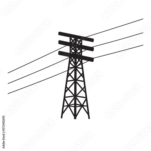 Black and white graphic illustration of an electrical power pylon with high voltage transmission lines