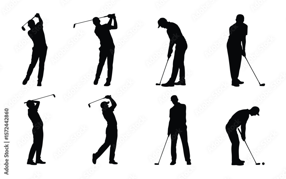 Obraz premium A set of black silhouettes of golfers in various playing positions
