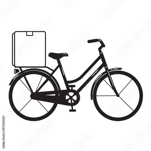 Black and white illustration of a bicycle delivery bike with a large box on the back.