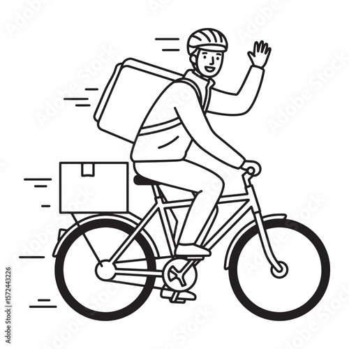 Black and white illustration of a delivery person on a bicycle delivering parcels quickly