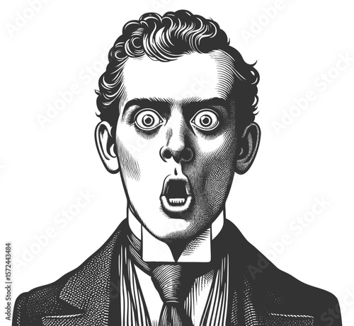 surprised Victorian gentleman with wide eyes and formal attire, expressing shock or disbelief sketch engraving generative ai fictional character vector illustration. Scratch board. Black and white.