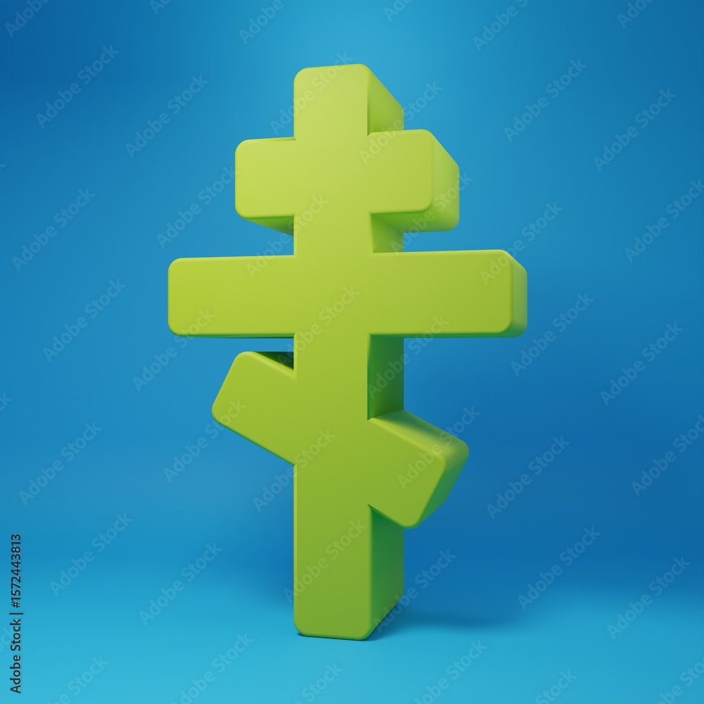 Obraz premium Green Christian cross icon isolated on blue background. Church cross. Minimalism concept. 3D render illustration