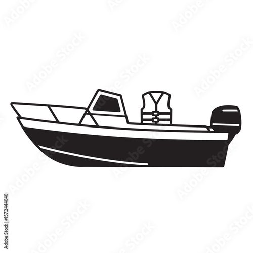 Black and white illustration of a motorboat ready for leisure and recreational water activities