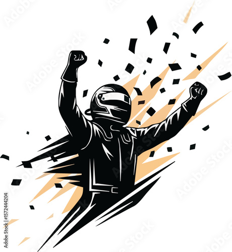 Triumphant race car driver celebrates victory, confetti bursts around him in dynamic motion.