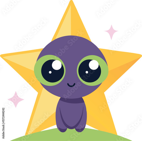 tiny alien hiding behind a star with shy expressi.eps