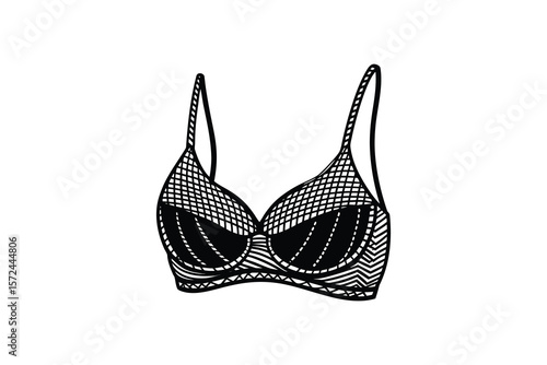 Elegant Black and White Bra Illustration with Intricate Line Work Design