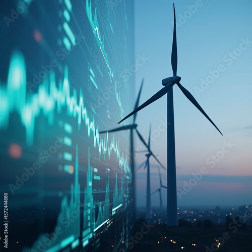 A wind turbine with graphs and charts on the screen behind it, representing green energy market data in an urban setting.